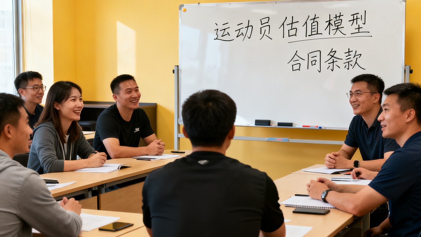 明亮的培训教室内，学员们分组讨论体育经纪案例，白板上写着运动员估值模型和合同条款。